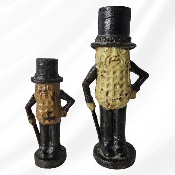 Mr. Peanut Other - Lot of 2 Vintage Cast Iron Mr Peanut Banks 5.5 and 7.5 Tall Heavy